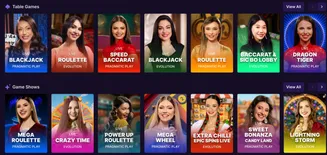 SpinBet – Live Casino Tables & Game Shows with Real Dealers Live table games and game shows section with real dealers including Blackjack, Roulette, Speed Baccarat, Crazy Time, and Mega Wheel on SpinBet
